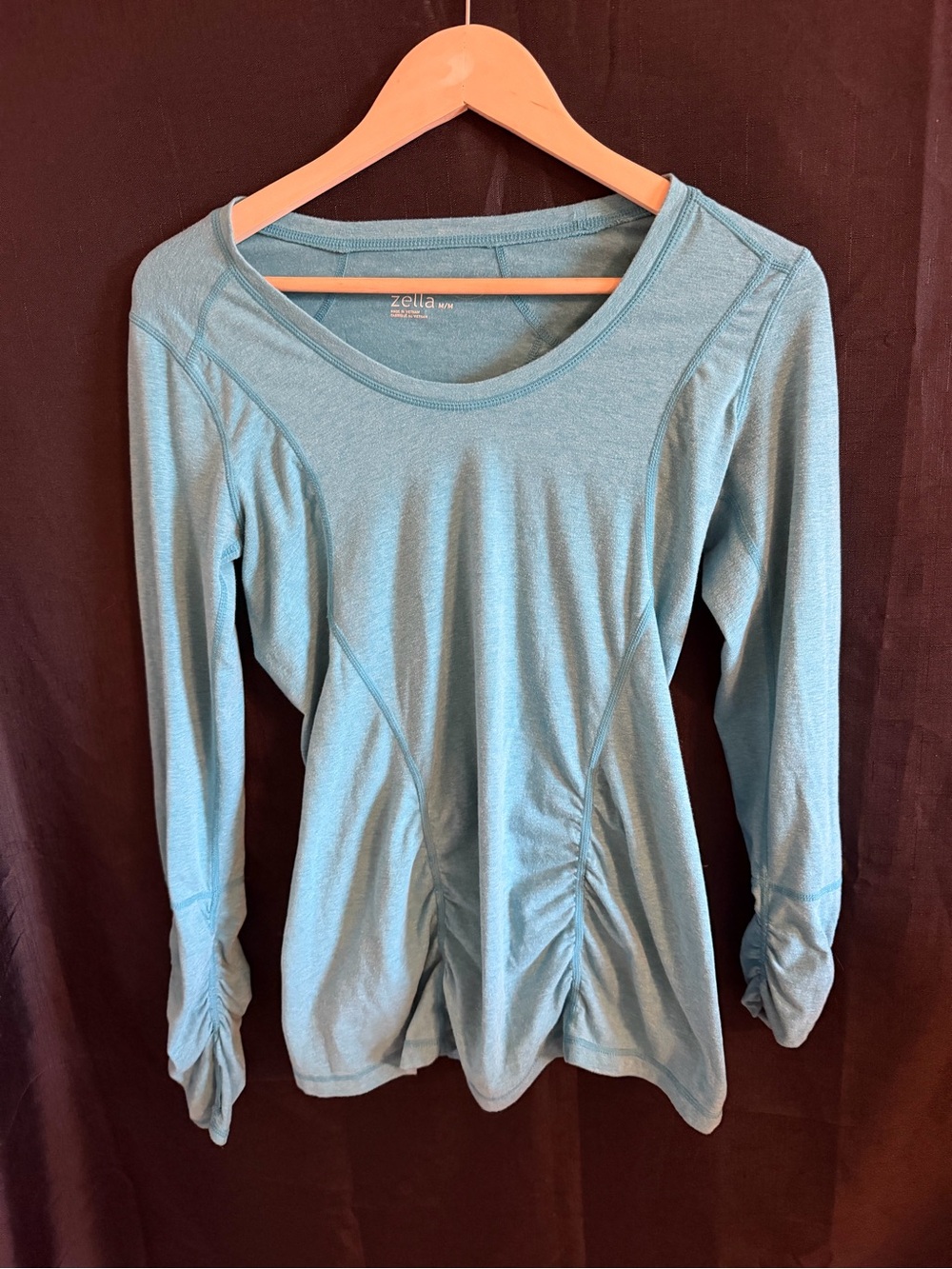 Zella Light Teal Long-Sleeve Ruched Scoop Neck Top